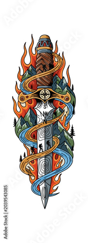 Symbolic dagger with flames and flowing elements illustration