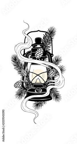 Vintage lantern illustration with pine cones and foliage on black background