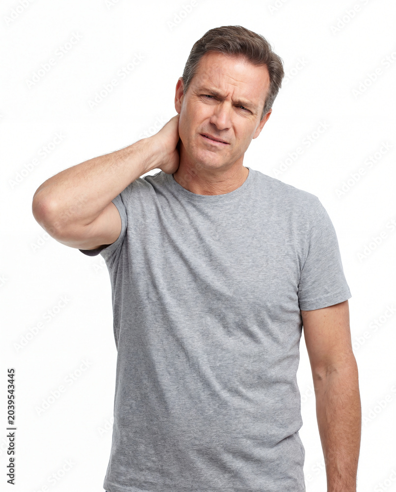 Obraz premium Man with neck pain wearing a gray t-shirt isolated on a white background