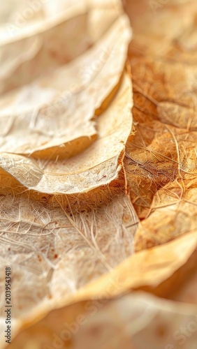 A detailed macro photograph showcases the intricate textures and patterns of dried leaves.