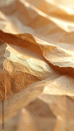 Close-up of crumpled textured paper illuminated by warm sunlight.