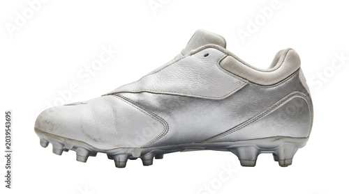 White soccer cleat with silver metallic leather isolated on black background side view