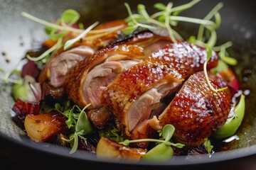 Sliced roasted duck breast served with roasted apples and beetroot, garnished with fresh microgreens, creating a flavorful and visually appealing dish