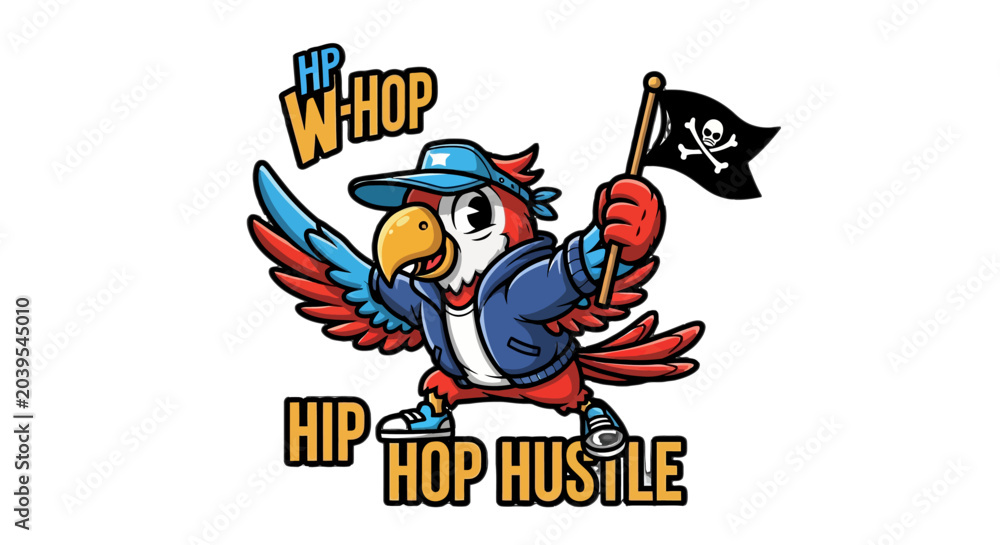 Fototapeta premium Colorful Parrot Cartoon Holding Pirate Flag Design.
