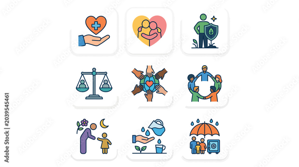 Fototapeta premium Diverse icons representing health, community, and care