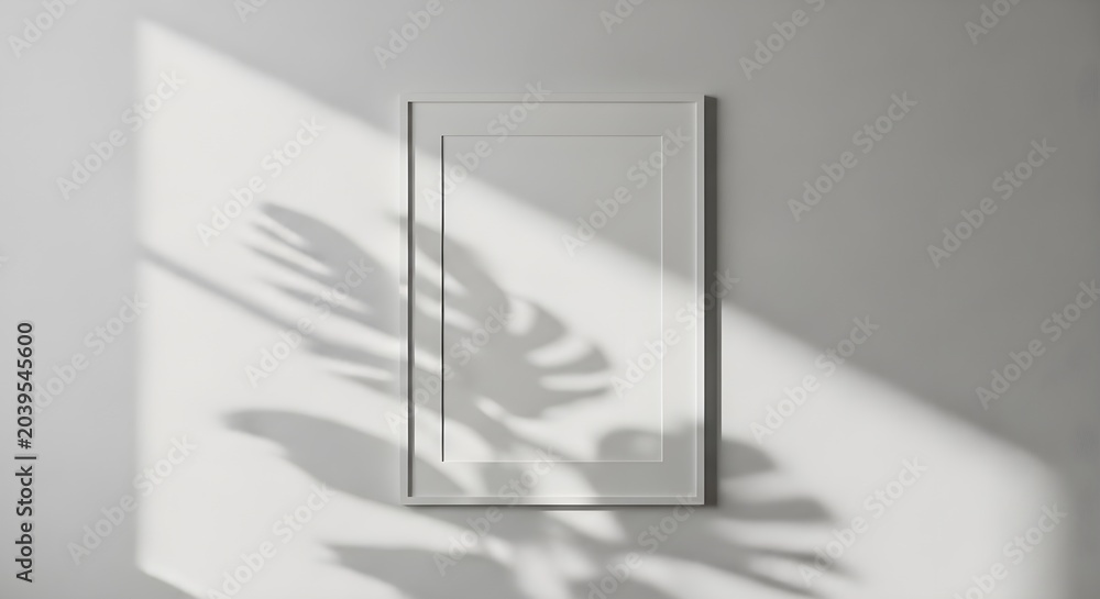 Naklejka premium Blank white poster frame mockup on wall with leaf shadows