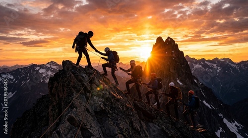 Team of climbers reaching mountain summit at sunset teamwork and success concept adventure and achievement in nature