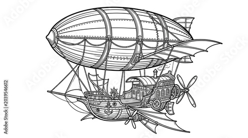 Obraz na płótnie Vintage Airship Floating in Monochrome Line Art Illustration Style