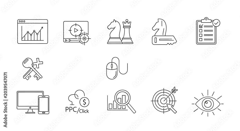 Fototapeta premium Set of flat line icons representing online marketing, advertising, and SEO strategy, including charts, computers, and target audience engagement