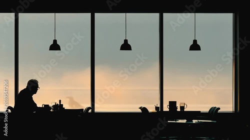 Silhouette diner restaurant cafe window interior solitude evening single patron at empty table moody sunset coastal city view at dusk