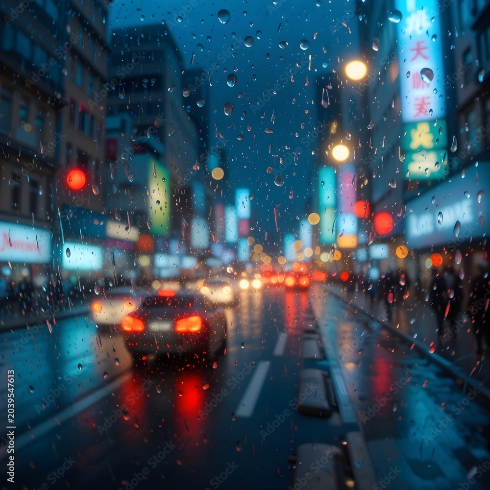 Fototapeta premium Blurred city traffic lights and neon signs through a rainy window at night
