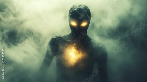 A mysterious figure with glowing eyes emerges from the fog.