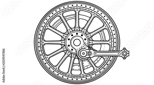 Schilderij op canvas Detailed vintage steam engine wheel vector illustration in monochrome technical