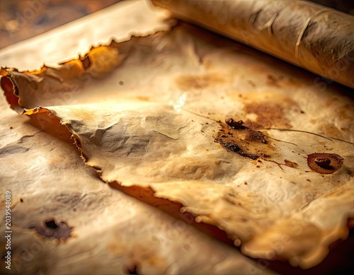 An aged, burnt parchment scroll with visible stains and texture.