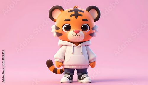 Cute cartoon tiger plush toy wearing doctor coat and stethoscope on pink background