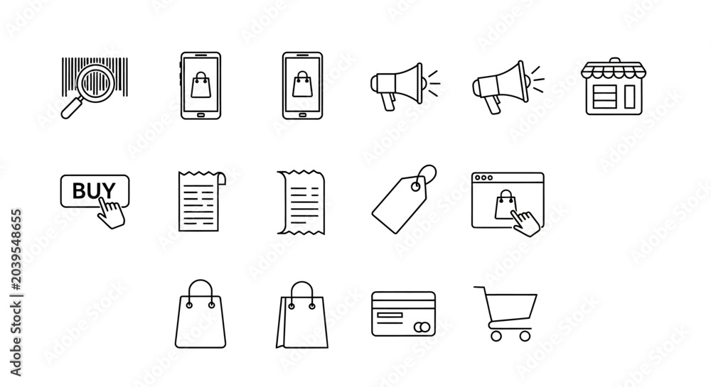 Fototapeta premium Set of outline icons representing e-commerce and shopping concepts, perfect for digital marketing and online retail design elements