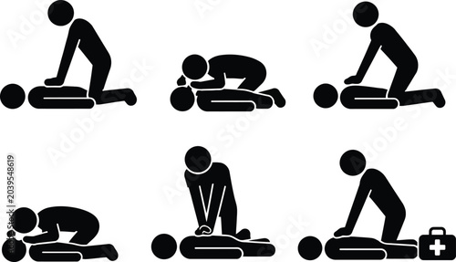 CPR and First Aid Training Steps Icon Set - Cardiopulmonary Resuscitation, Artificial Respiration, and Emergency Medical Help Vector Pictograms