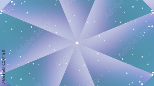 Snowflakes fall gently on blue background with white dots and purple accents.