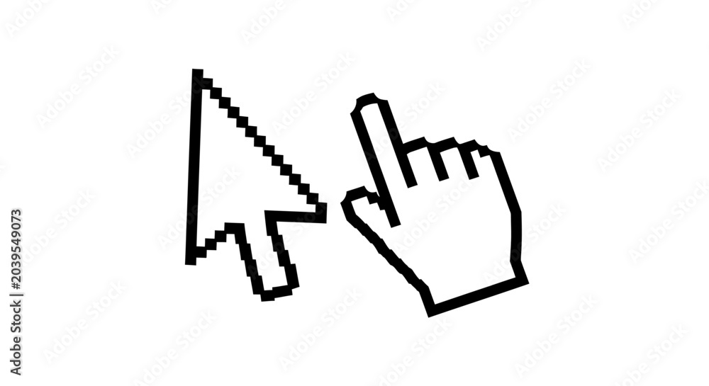Fototapeta premium A simple black and white graphic showing two distinct cursor icons a pixelated arrow pointer and a hand pointer, isolated on a white background