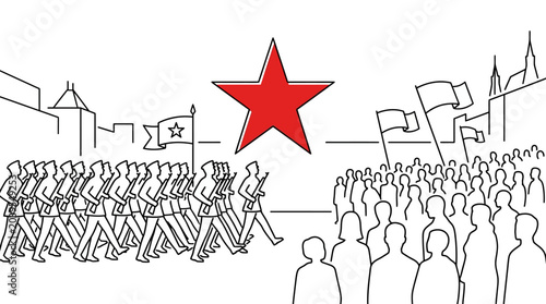Quadro su tela Red Star Parade: Marching Soldiers and Crowd with Flags in Cityscape