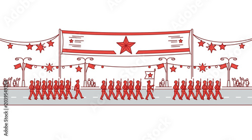Foto Red Star Parade: Marching Soldiers and Celebration Banner