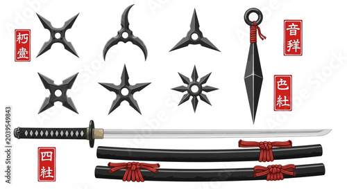 Bild auf Leinwand Traditional Japanese weapon set illustration ninja throwing stars, sharp kunai,
