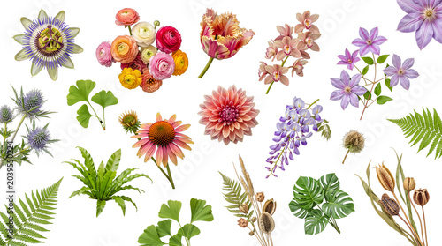 Bild auf Leinwand Diverse botanical elements with various flowers, leaves, and seed pods, isolated on a clean transparent background