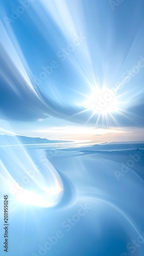 A bright sun shines in a blue sky with wavy clouds