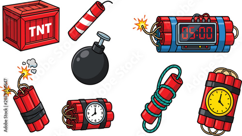 Photos Cartoon TNT Bomb and Dynamite Explosive Icon Set with Timer and Fuse