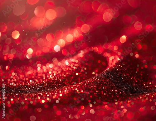 A vibrant abstract background of shimmering red bokeh lights and glitter.