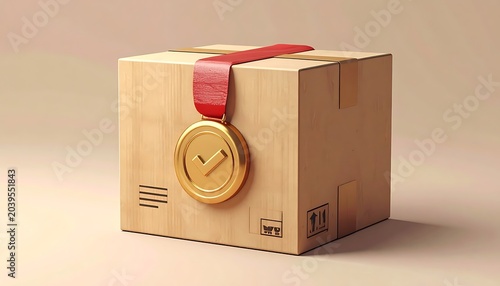 A brown cardboard box with a gold seal and red ribbon