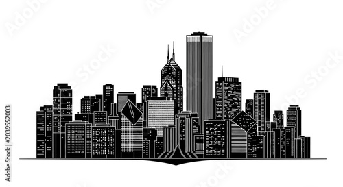 Black and white city skyline silhouette illustration