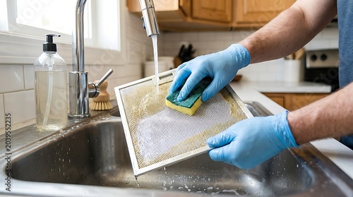 Cleaning Kitchen Vent Filter with Sponge for Hygiene Maintenance