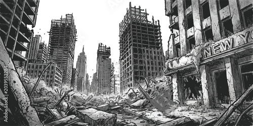 Photos Ruined city street with destroyed skyscrapers and debris after a big disaster in