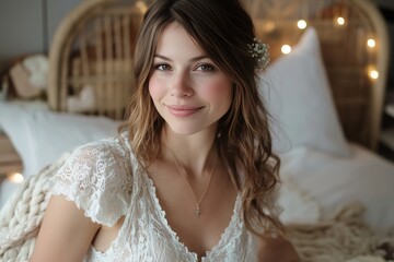 Beautiful woman in elegant lace dress sitting on a bed with fairy lights in the background