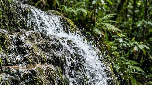 Close Up Waterfall Flowing Over Mossy Forest Rocks
