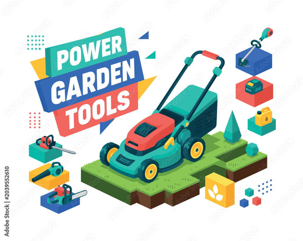 Fototapeta premium Power Garden Tools , oversized lawn mower with bold geometric depth, floating equipment blocks and stepped grass platforms, asymmetric editorial layout, mint and warm yellow with electric blue