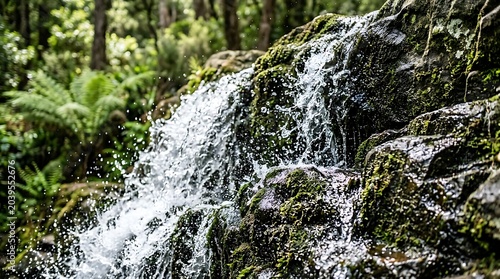 Close Up Waterfall Flowing Over Mossy Forest Rocks
