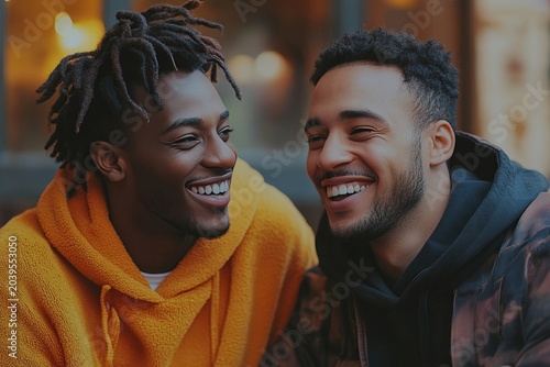 Two young men laughing and enjoying a conversation outside in a casual setting