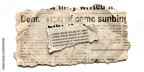 Bilde på lerret A piece of torn old newspaper with printed text and lorem ipsum placeholder cont