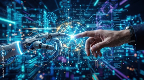 Human hand and robot finger touching amidst digital network interface