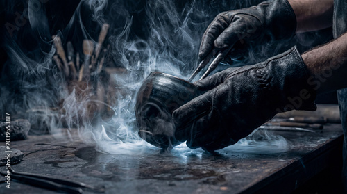 Tableau sur toile Dramatic photograph of gloved hands holding a hot ceramic pot emitting wisps of smoke in a workshop