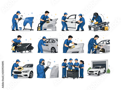 Car Repair Refinishing. Car repair, refinishing, paint spray, sanding, dent pulling, welding, polishing, garage tools, vehicle maintenance, detailing and bodywork restoration. 12 minimalist editorial