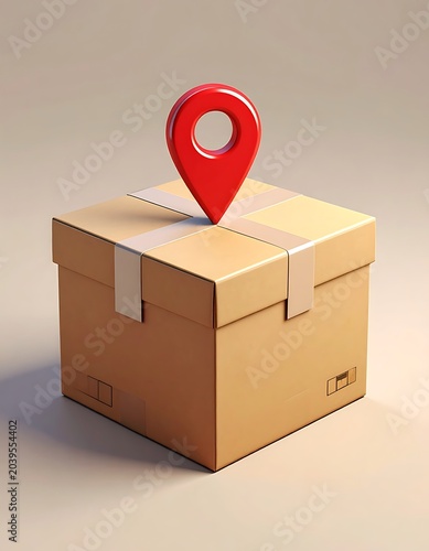 A cardboard box with a red location pin on top