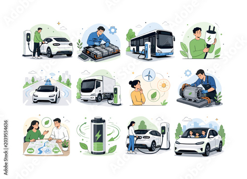 Electric Vehicle Transport. Electric car, electric bus, charging station, plug, battery, eco transport, smart car, autopilot, renewable energy, engine, electric truck and power recovery. 12 minimalist