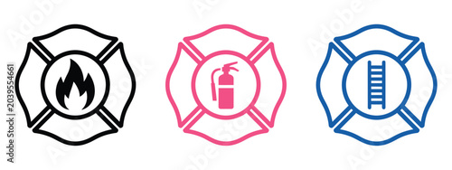 Bild auf Leinwand Firefighter Maltese Cross Emblem Icon Set Featuring Fire Department Badge, St Fl