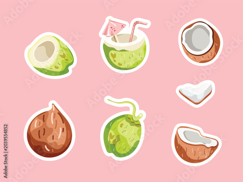 Tropical coconut sticker collection with cute summer fruit illustrations