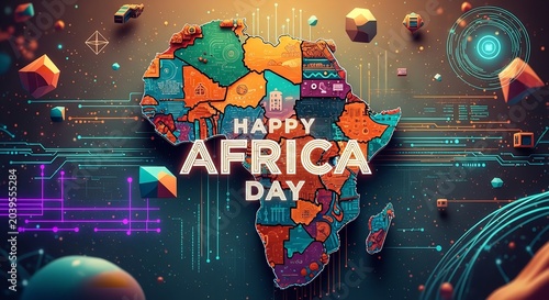 Vibrant Happy Africa Day Celebration with Colorful Continent Map and Festive Space Background