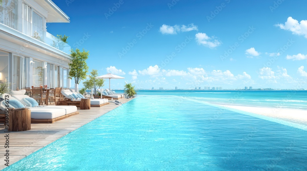 Fototapeta premium Luxurious waterfront residence features expansive infinity edge swimming pool overlooking distant cityscape