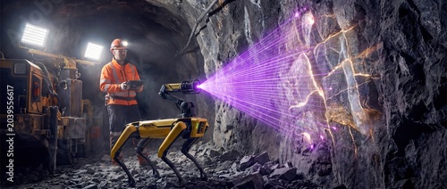 Boston Dynamics Spot performing tunnel scan as mining engineer monitors technology and rock structures